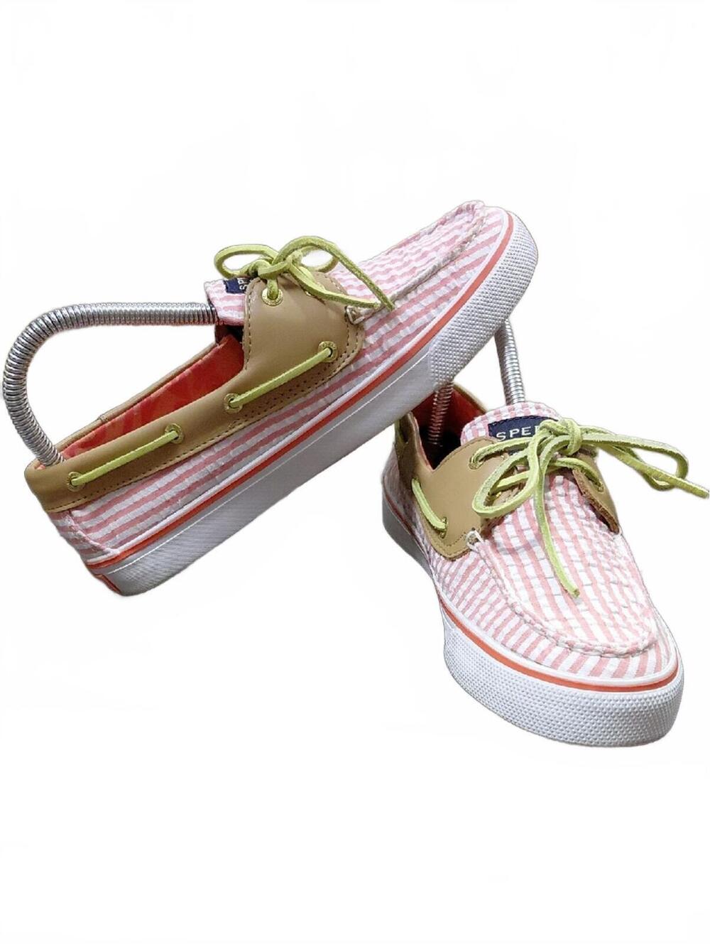"Sperry" 7M, Pink Striped Boat Shoes with Leather Laces. Look new except soles!